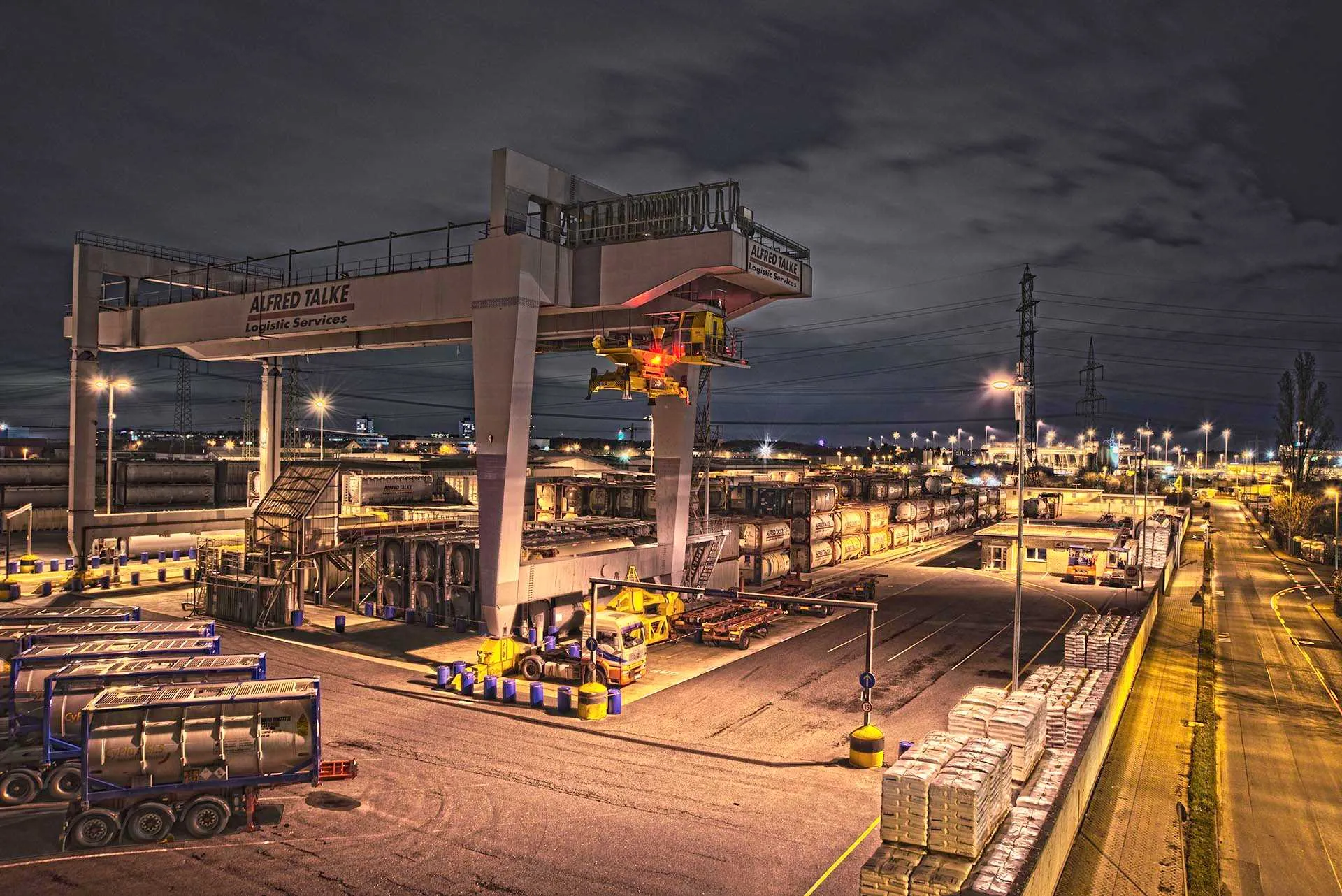Alfred Talke logistics terminal at night in Huerth Germany