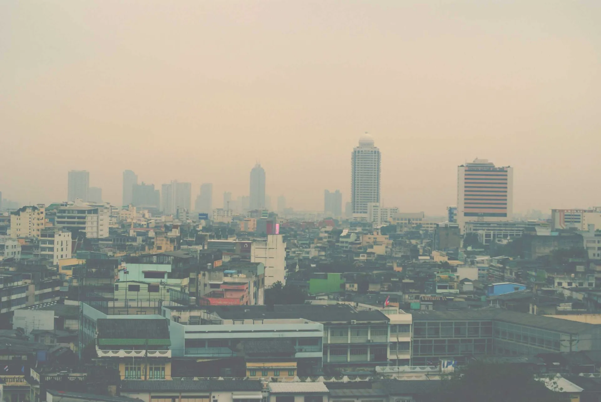 Wide view of a hazy urban skyline with dense low-rise buildings and distant high-rise towers under a muted sky.